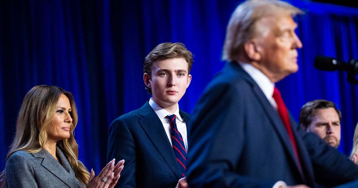Melania Trump (left), Barron Trump (middle), Donald Trump (right). Credit: Getty Images