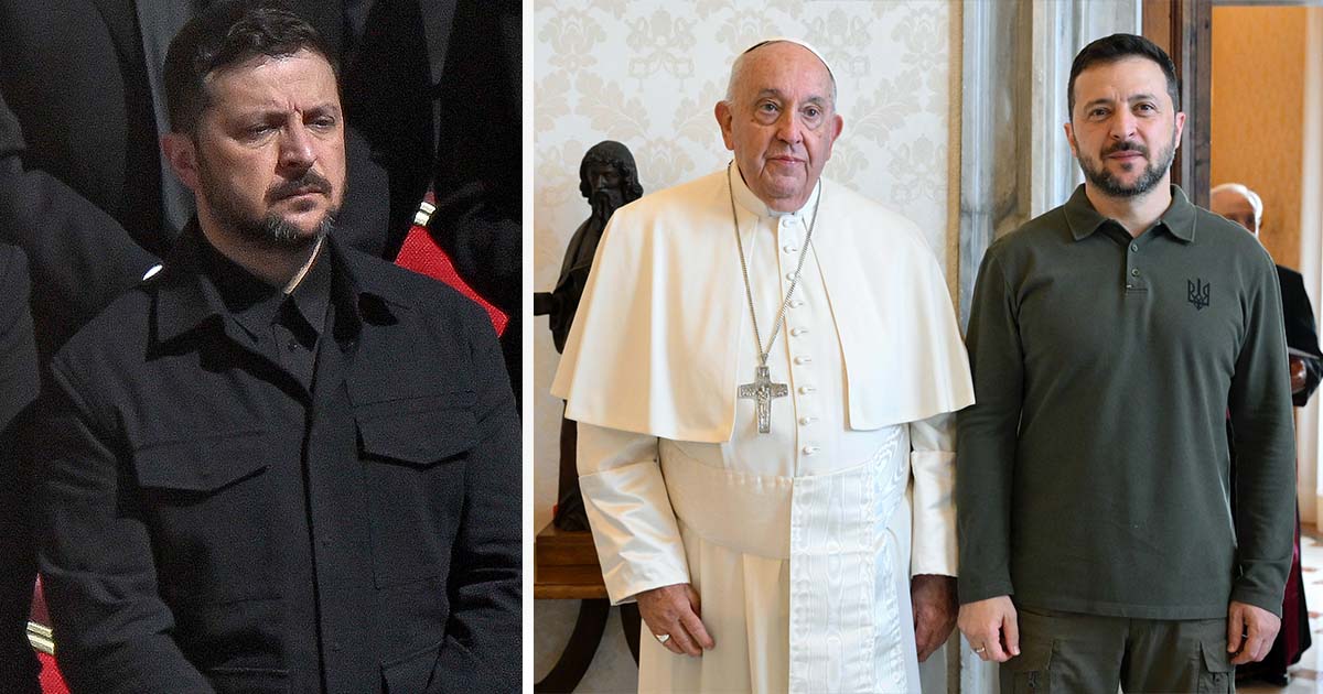 Volodymyr Zelenskyy (left/right), Pope Francis (middle). Credit: Getty Images