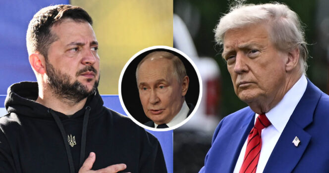 Volodymyr Zeleneksyy (left), Vladimir Putin (middle), Donald Trump (right). Credit: Getty Images