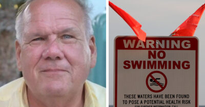 Basil Kennedy (Edmond Fahey Funeral Home) / No swimming sign (Credit: Shutterstock).