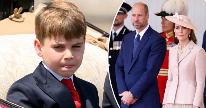 Prince Louis (left), Prince William (middle), Kate Middleton (right). Credit: Getty Images