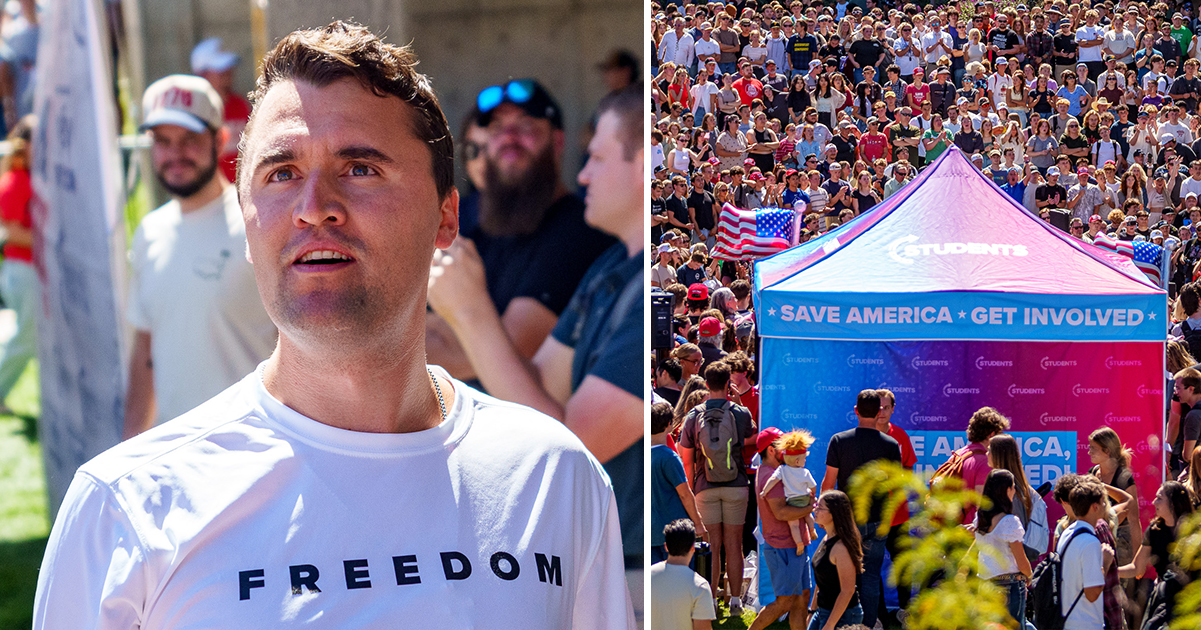 Charlie Kirk at Utah Valley University. Credit / Getty Images