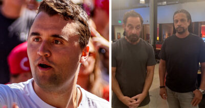 Charlie Kirk (left), Harvey Levin (middle), Charles Latibeaudiere (right). Credit: Getty Images, X/TMZ