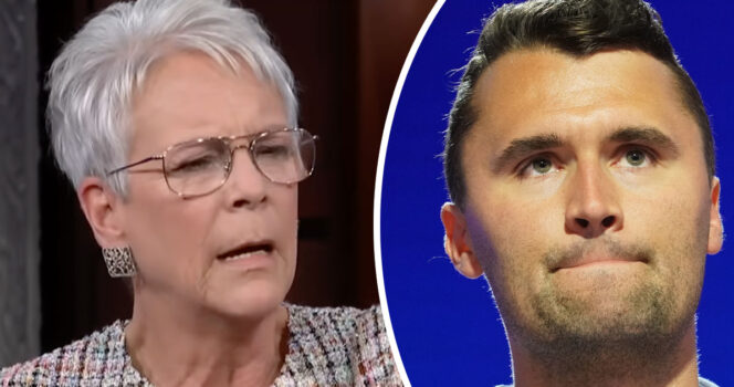 Jamie Lee Curtis (left), Charlie Kirk (right). Credit: Youtube/ The Late Show with Stephen Colbert, Getty Images