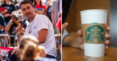 Charlie Kirk (Getty Images) and stock image of Starbucks cup (Shutterstock)