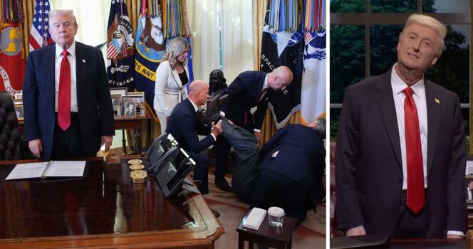 Donald Trump, James Austin Johnson. Credit: Getty Images, Youtube/SNL