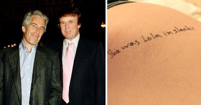 Epstein and Trump (left). A women is marked with a message (right). Credit / Getty Images