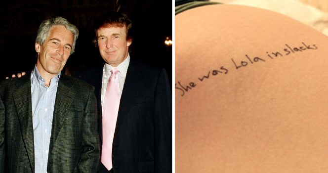Epstein and Trump (left). A women is marked with a message (right). Credit / Getty Images