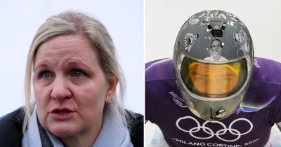 Kirsty Coventry (left) explains the decision to disqualify Vladyslav Heraskevych (right) from the Winter Olympics. Credit / Getty Images