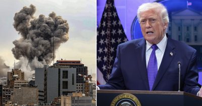 A general view of Tehran with smoke visible in the distance after explosions were reported in the city, on March 02, 2026 in Tehran, Iran. (Photo by Contributor/Getty Images). Donald Trump. (Photo by Alex Wong/Getty Images)