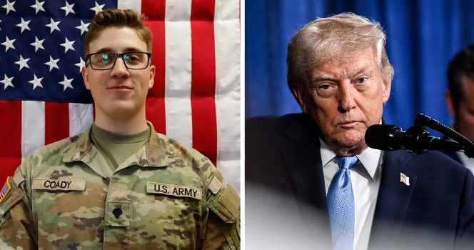 Sgt. Declan Coady & Donald Trump. Credit: US Army Reserve & Getty Images