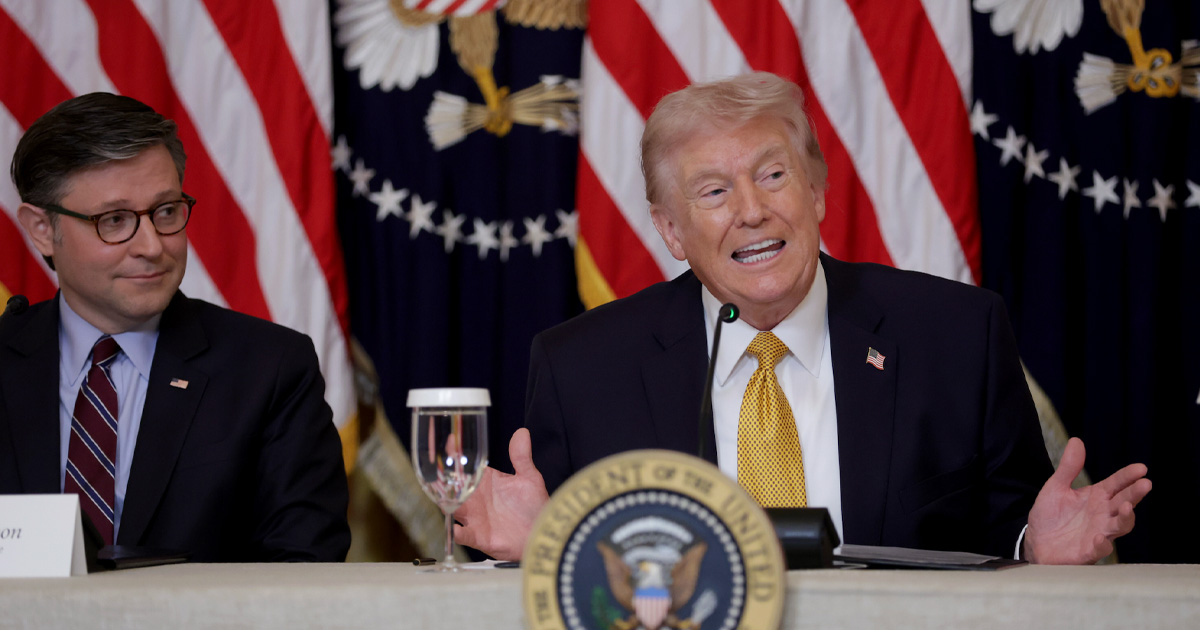 President Donald Trump sits with U.S. Speaker of the House Mike Johnson (R-LA) as he speaks during a lunch with the Trump Kennedy Center Board Members in the East Room of the White House on March 16, 2026 in Washington, DC. President Trump convened the board of trustees of the Trump Kennedy Center to vote on a proposal to close the institution for two years of major renovations. (Photo by Alex Wong/Getty Images)