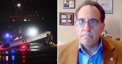 An Air Canada Express plane sits on the tarmac after it collided with a fire truck on the tarmac at LaGuardia Airport on March 23, 2026 in New York City. The plane had landed from a flight from Montreal. (Photo by Spencer Platt/Getty Images)