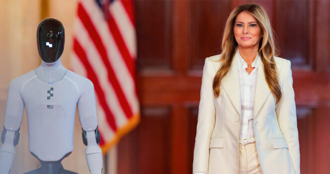 U.S. first lady Melania Trump enters the East Room with a humanoid robot during the Fostering the Future Together Global Coalition Summit at the White House on March 25, 2026 in Washington, DC. Melania Trump held a roundtable at the White House on the second day of the inaugural summit to collaborate on expanding access to education and technology for children worldwide. (Photo by Heather Diehl/Getty Images)