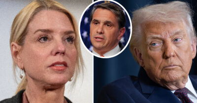 Pam Bondi, Todd Blanche, Donald Trump. Credit: Getty Images