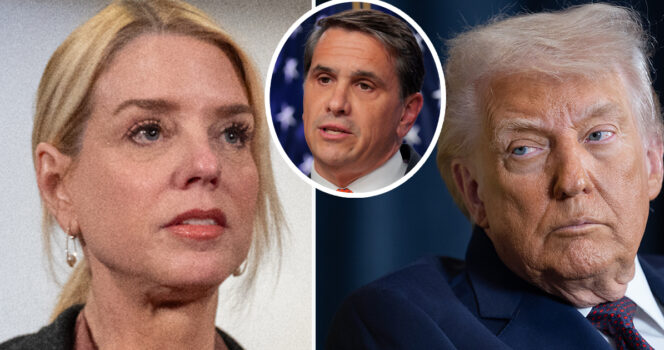 Pam Bondi, Todd Blanche, Donald Trump. Credit: Getty Images