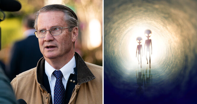Rep. Tim Burchett & stock photo of aliens. Credit / Getty Images & Shutterstock