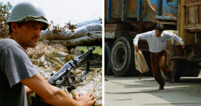 A Serbian soldier holds his position (left). A Bosnian man dashes across a Sarajevo street (right). Credit / Getty Images