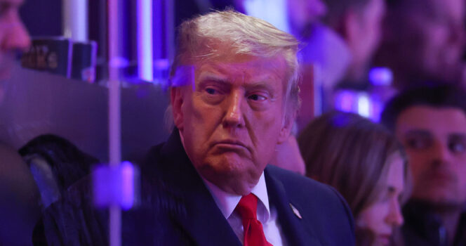 President Donald Trump looks during the first quarter of a game the San Antonio Spurs and the New York Knicks in Game Three of the 2026 NBA Finals at Madison Square Garden on June 08, 2026 in New York City. NOTE TO USER: User expressly acknowledges and agrees that, by downloading and or using this photograph, User is consenting to the terms and conditions of the Getty Images License Agreement. (Photo by Al Bello/Getty Images)