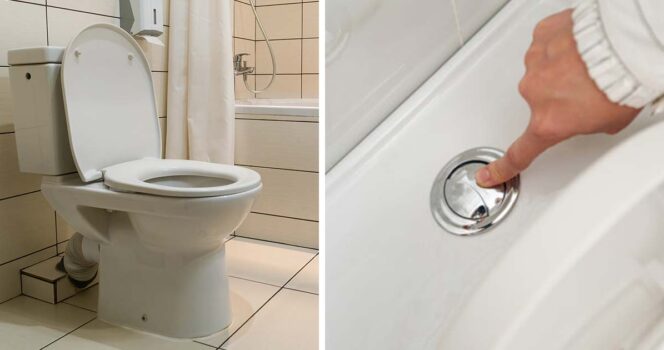 En person spolar toaletten.