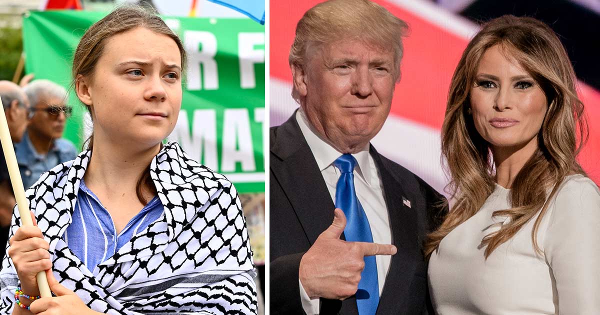 Melania Trump med maken Donald Trump. Greta Thunberg håller i en flagga.