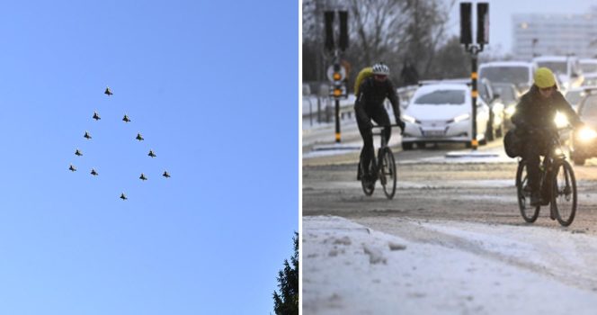 Blekinge flygflottilj under fjolårets julgransflygning över Stockholm. Arkivbild.
