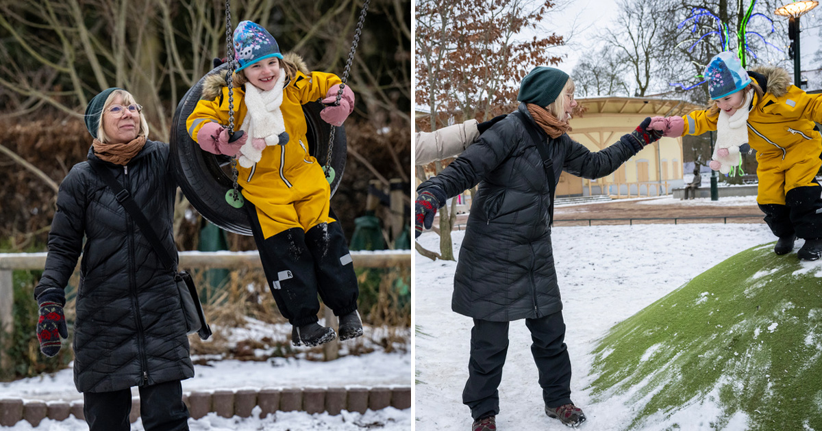 Farmor Annika Hansson med barnbarnen i parken. Att tillbringa tid med barnbarnen kan motverka kognitiv försämring.
