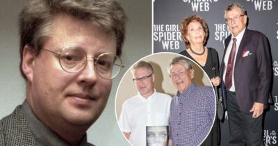 Stieg Larsson, bror Joakim Larsson och far Erland Larsson. Till höger pappa Erland med Gun Åberg. Foto: Jan Collsiöö / TT & Ola Axman/TT & Fredrik Sandberg/TT