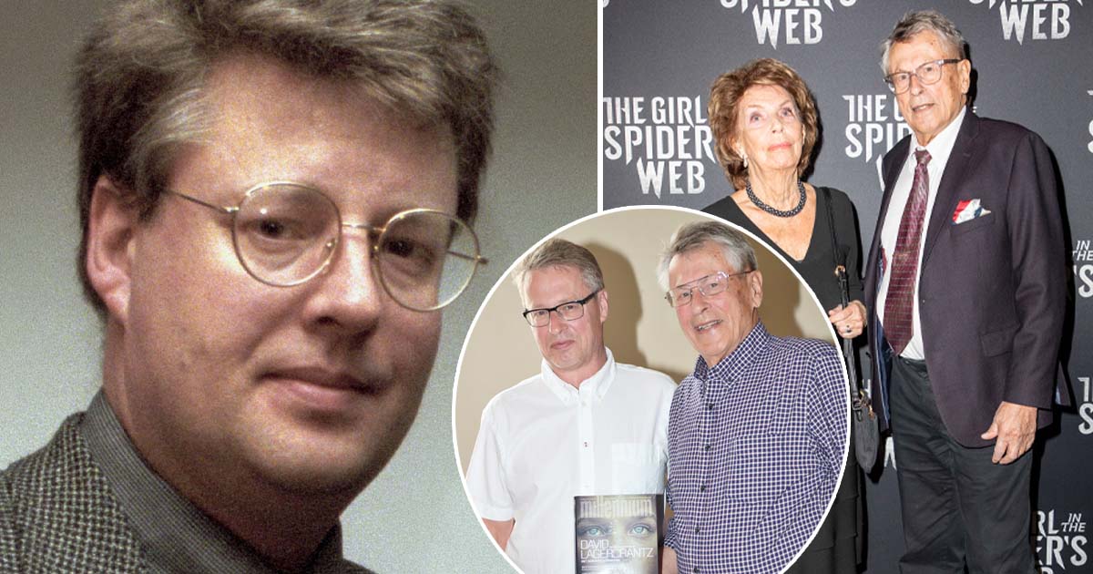 Stieg Larsson, bror Joakim Larsson och far Erland Larsson. Till höger pappa Erland med Gun Åberg. Foto: Jan Collsiöö / TT & Ola Axman/TT & Fredrik Sandberg/TT