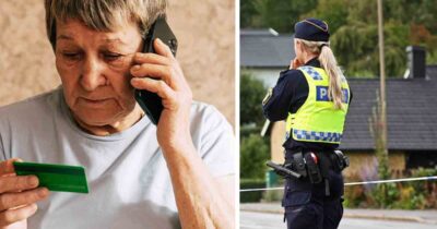 Polisen, äldre kvinna med telefon.
