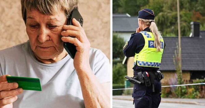 Polisen, äldre kvinna med telefon.