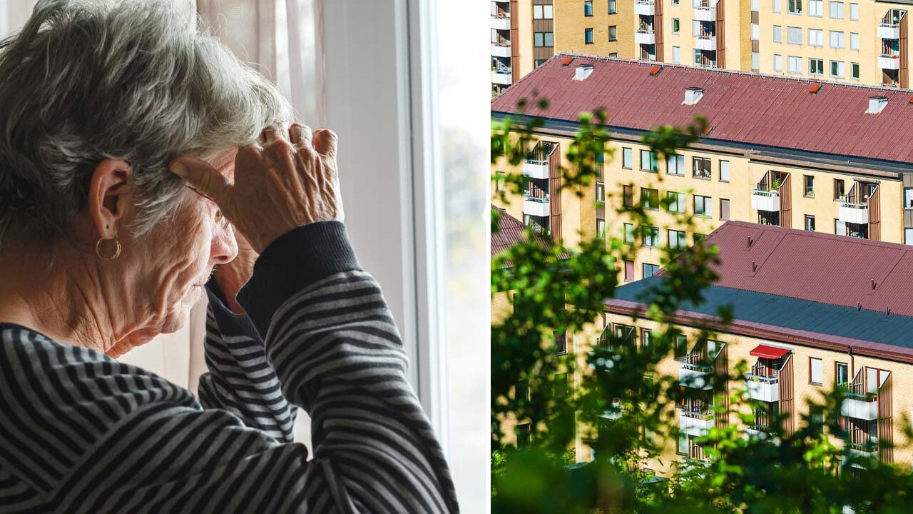 Äldre kvinna tittar ut genom fönstret. Lägenheter i Göteborg.