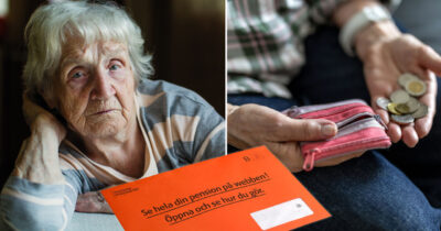 Pensionär och plånbok och orange kuvert. Foto: Shutterstock