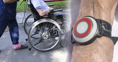 Personal på äldreboende skjutsar äldre person i rullstol. Bild till höger närbild på trygghetslarm på äldre persons arm.