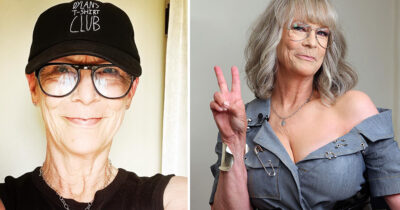 Jamie Lee Curtis po lewej w czapeczce z daszkiem i po prawej w bluzce z dekoltem