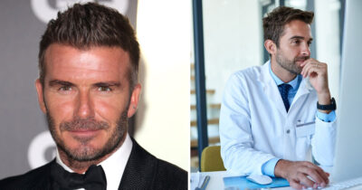 David Beckham (po lewej) i lekarz przy komputerze (po prawej)