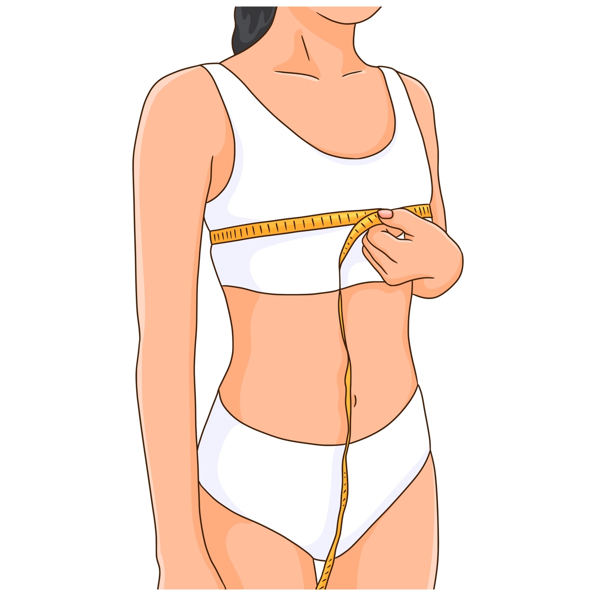 rysunek kobiety w białej bieliźnie, która mierzy obwód biustu