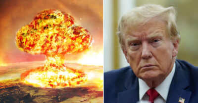 wybuch nuklearny (po lewej) i Donald Trump (po prawej)