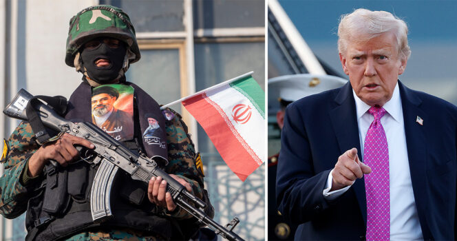 członek sił bezpieczeństwa Iranu (po lewej) i Donald Trump (po prawej)