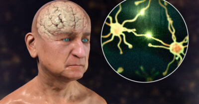 grafika z człowiekiem, mózgiem i neuronami