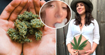 marihuana na dłoniach (po lewej) kobieta w ciąży z liściem marihuany (po prawej)