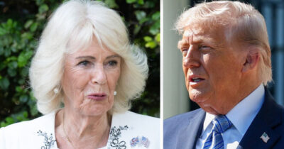 Królowa Kamila (po lewej). Donald Trump (po prawej)