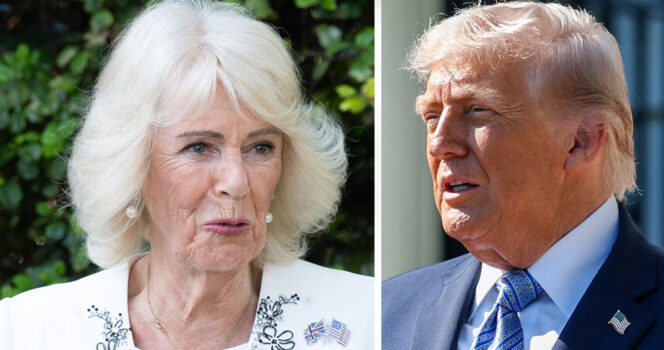 Królowa Kamila (po lewej). Donald Trump (po prawej)