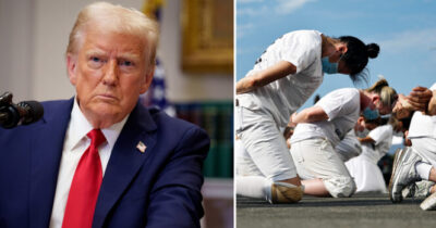 Donald Trump (po lewej) i więźniowie w CECOT (po prawej)