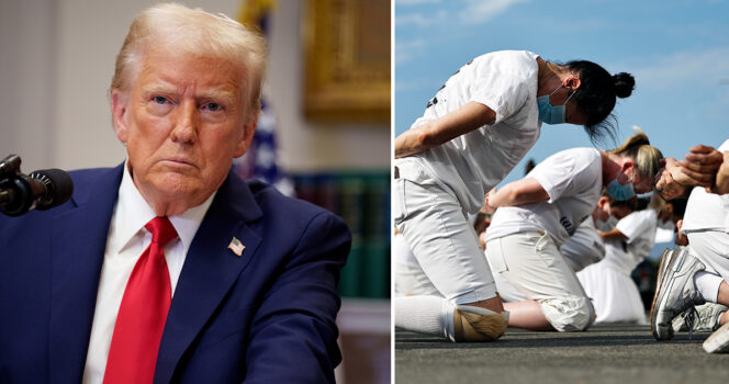 Donald Trump (po lewej) i więźniowie w CECOT (po prawej)
