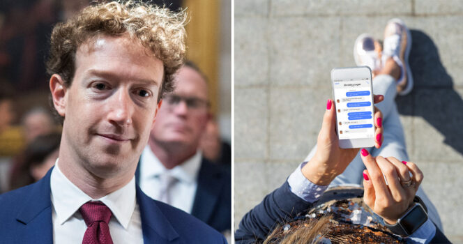 Mark Zuckerberg (po lewej) ktoś korzysta z telefonu (po prawej)