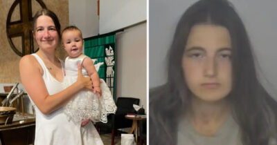 Kailey Erhart trzyma na rękach córkę (po lewej) i zdjęcie twarzy Kailey Erhart (po prawej)