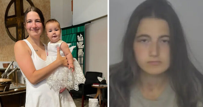 Kailey Erhart trzyma na rękach córkę (po lewej) i zdjęcie twarzy Kailey Erhart (po prawej)
