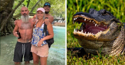 Dina Spann z rodziną (po lewej) i aligator (po prawej)