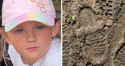 Lilly Angel Rodgers w czapeczce z daszkiem (po lewej), odcisk buta na błotnistej nawierzchni
